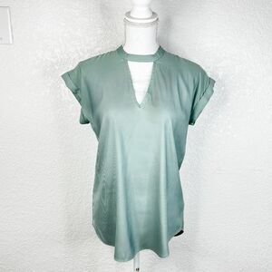 Express Green Satin Keyhole Neck/Back Cuffed Short Sleeve Gramercy Blouse SP